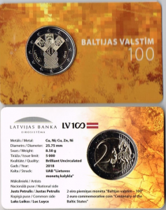 LATVIA 2 EURO 2018 - 100TH ANNIVERSARY OF THE INDEPENDENCE OF THE BALTIC STATES (C0IN CARD)